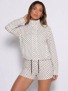 Never me Women's Polka Dot Print Stand Collar Short Jacket, Adjustable Drawstring High Waist Outdoor Fitness Jacket - White - View 4