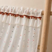 1pc Multi-Color Candy Bean Faux Linen Curtain, American Country Pastoral Style Half Curtain, Decorated With Wavy Lace And Pom Poms, With Rod Pocket, Suitable For Sink Cabinet Short Window, Perfect For Kitchen, Cafe And Bedroom Decor - Multicolor - View 1