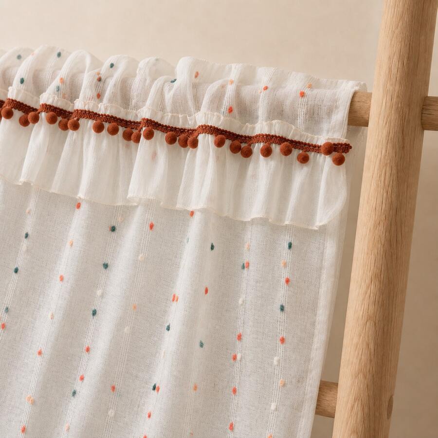 1pc Multi-Color Candy Bean Faux Linen Curtain, American Country Pastoral Style Half Curtain, Decorated With Wavy Lace And Pom Poms, With Rod Pocket, Suitable For Sink Cabinet Short Window, Perfect For Kitchen, Cafe And Bedroom Decor - Multicolor - View 1