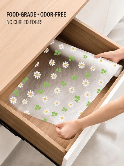 4pcs Daisy & Clover Pattern Refrigerator Mats, Cabinet Liners, Size 30cm X 45cm / 11.81in X 17.72in, Washable, Waterproof, Oil-Resistant, Cuttable To Fit Any Corner, Suitable For Small Refrigerator Shelves, Small Freezer Glass Shelves And Small Cabinet Drawers