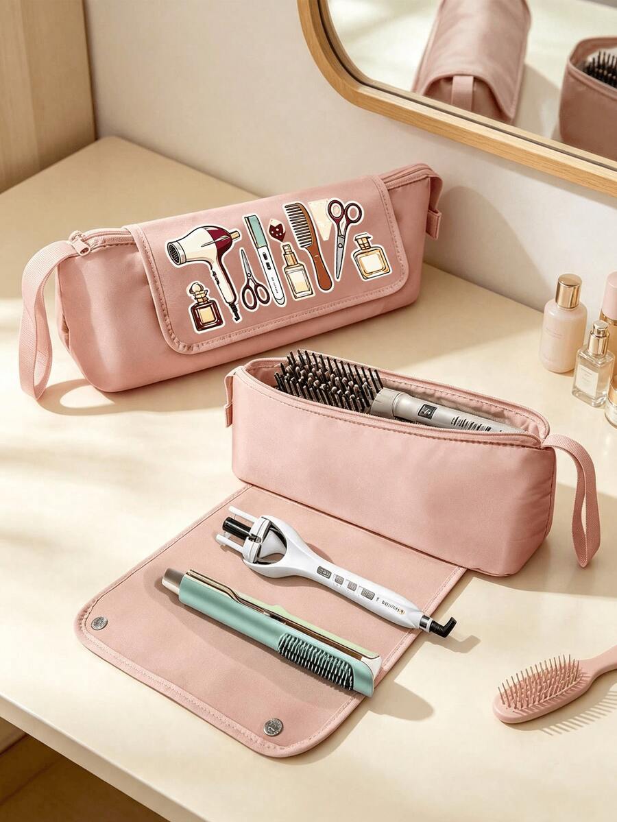 Heat-Resistant Hair Tool Storage Bag - Travel Felt Organizer Bag With Heat-Insulating Pad, Suitable For Curling Irons, Straighteners, Flat Irons, Blow Dryers And Styling Tools, Compact Storage Bag, Durable Fabric, Multi-Compartment Design, Travel Hair Accessories, Fashion Design, Secure Zipper Closure, Straightener And Curler Set, Pencil Case, Convenient For Travel - Multicolor - View 1