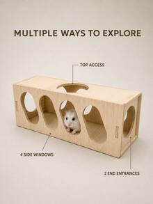 Wooden Hamster Tunnel, Hamster Hideout With 4 Side Openings, Multi-Entrance Exploration Toy, Suitable For Hamsters, Gerbils, Sand Rats And Mice Small Animal Cage Accessories, 1pc - L - View 6