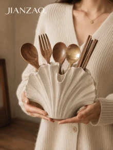 1pc Wabi-Sabi Style Ginkgo Leaf Tableware Storage Rack, Black Spotted White Multi-Compartment Utensil Holder, Large Capacity Chopsticks Spoon Fork Storage Bucket, Rustic Farmhouse Kitchen Countertop Homestay Decor Gift - Seashell Cutlery Organizer - View 2
