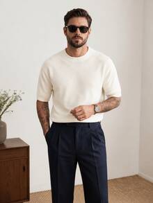 Men's Neutral Round Neck Knitted Top Casual Commute Solid Color Round Neck Short Sleeve Loose Fit Pullover T-Shirt Spring Summer - Beige - View 1