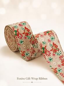 1 Roll Reusable Christmas Gift Wrapping Ribbon, Candy Cane & Snowflake Print, Holiday Decoration Satin Ribbon Roll, Suitable For Gift Boxes, Wreaths, Christmas Tree Decoration, Party And Home Decor, Pattern Position May Vary Due To Cutting - Multicolor - View 4