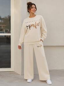 Women's Crew Neck Sweatshirt And Drawstring Straight Leg Pants 2 Pieces Set, Gradient Print Design Women's 2 Pieces Set, Women's Autumn/Winter Sweatshirt Set - Apricot - View 5