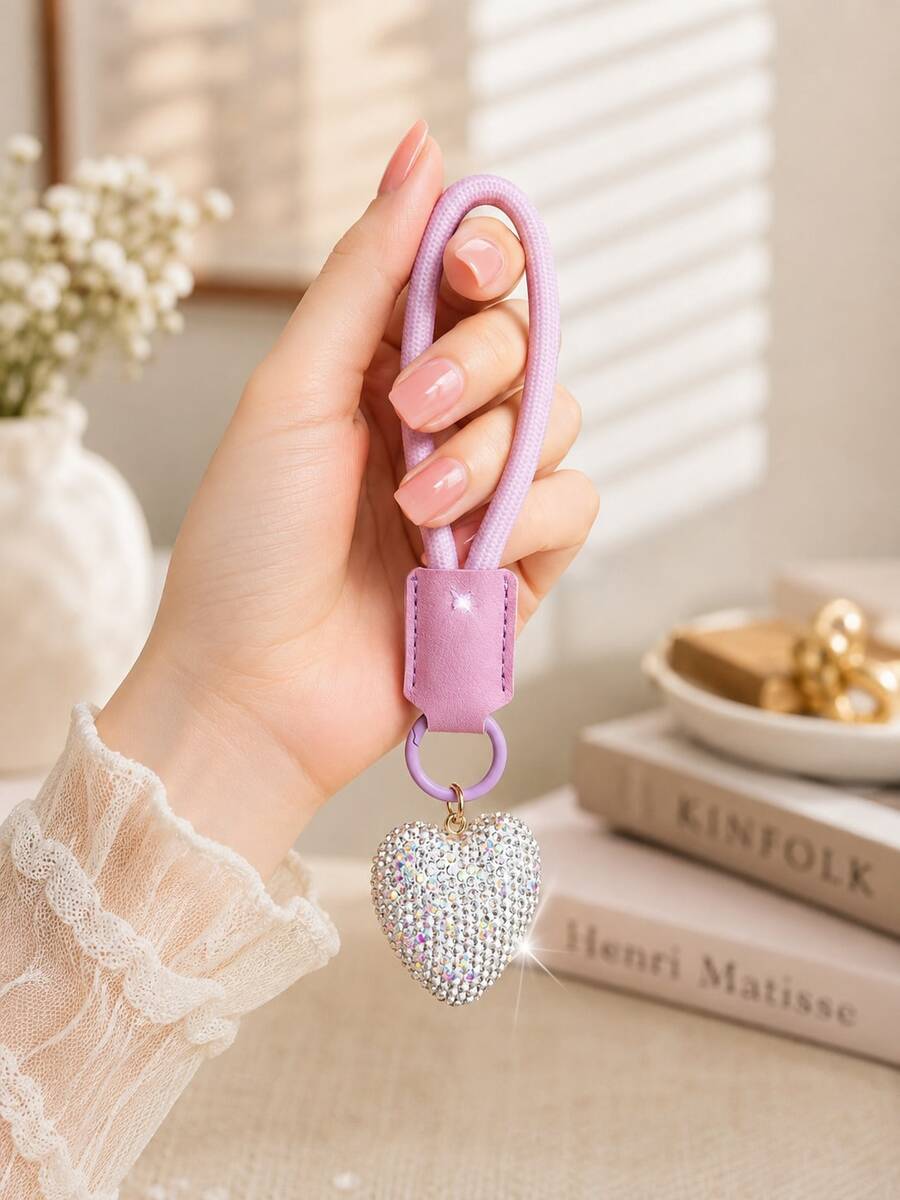 1PC Rhinestone Heart Keychain, Sparkling Crystal Heart Bag Charm, Lavender Wristlet Key Ring, Cute Handbag Backpack Pendant, Fashion Accessory