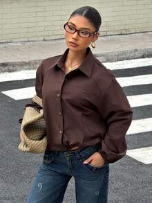 Women's Fashion Short Chocolate Brown Shacket, Long Sleeve Polyester, Non-Stretch, Autumn Outfit - Brown - View 4