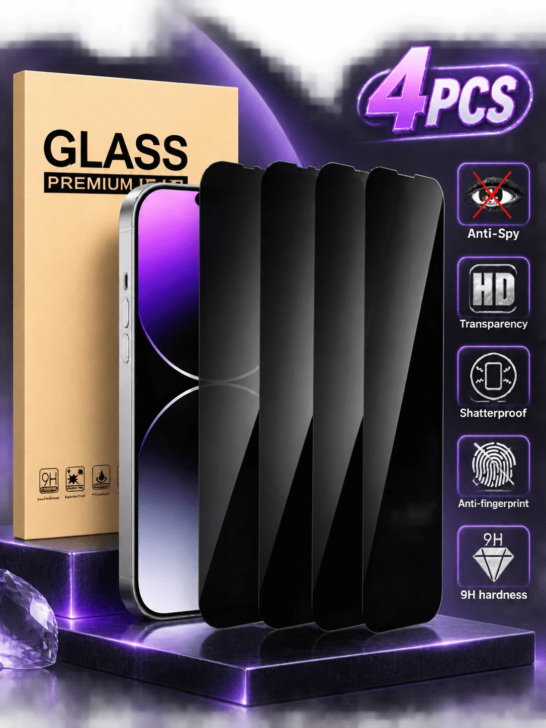 واقي شاشة خصوصية متوافق مع 18 Pro Max و17 و16 Pro Max و16 Pro و16e و16 و16 Plus و15 Pro Max و15 و15 Pro و15 Plus، حماية الخصوصية ضد التلصص، زجاج مقسى فائق الوضوح، صلابة 9H، عبوة من 4 قطع، خيار أساسي