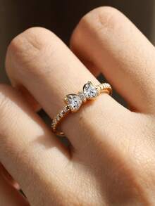 1pc Gold-Tone White Zirconia Bow-Knot Design Women's Ring Set, Elegant & Fashionable, Suitable For Stacking - Gold - View 1