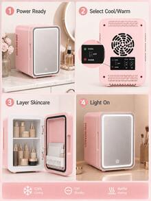 SMEGGEMS Mini Fridge With Makeup Mirror, 4L Mini Skincare Fridge, With Adjustable LED Light Mirror, Cooling And Heating Functions, Can Store Cosmetics And Food, Portable Mini Fridge, Suitable For Bedroom, Office And Car, Perfect As A Gift - Baby Pink - View 9