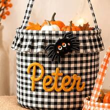 Personalized Ruffle Halloween Storage Basket, Customizable Name Plaid Trick Or Treat Bag, Halloween Candy Bucket, Halloween Gift Storage Bin, Coquette Halloween - Multicolor - View 48