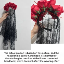 1pc Halloween Party Headband, Black Lace Mesh Rose Flower Headpiece, Day Of The Dead Dark Style Skull Floral Costume Prop - A - View 10
