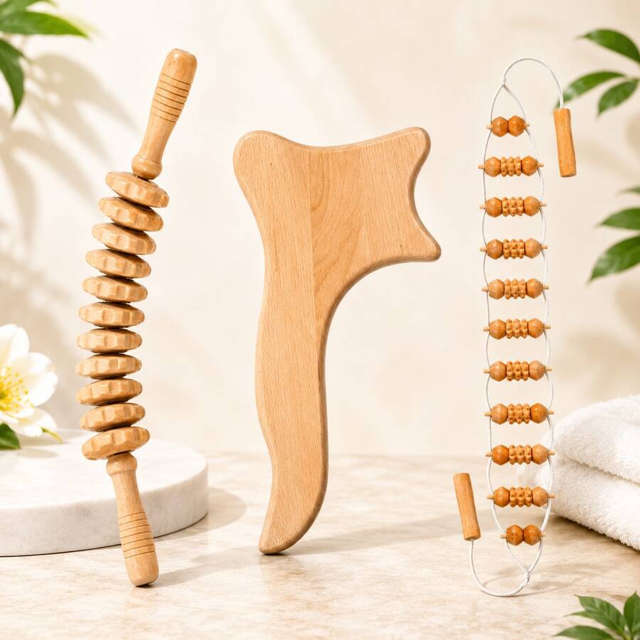 1PC/3Pcs Wooden Massage Tool Set, Wooden Massager Set, Manual Massage Tool, For Legs, Waist, Shoulders, Arms, Back, Full Body Massage Tool, Wooden Massage Roller, For Home And Office - Apricot - View 1