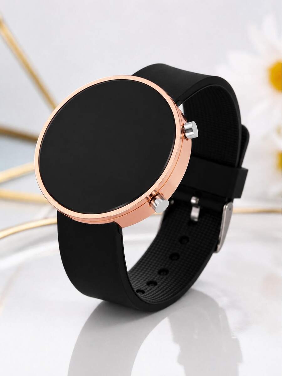 Women's Minimalist Black Silicone Strap Digital Electronic Watch, Round LED Display, Casual Sports Watch For Ladies And Students, Soft Rubber Band, Cute And Fashionable Watch Accessory