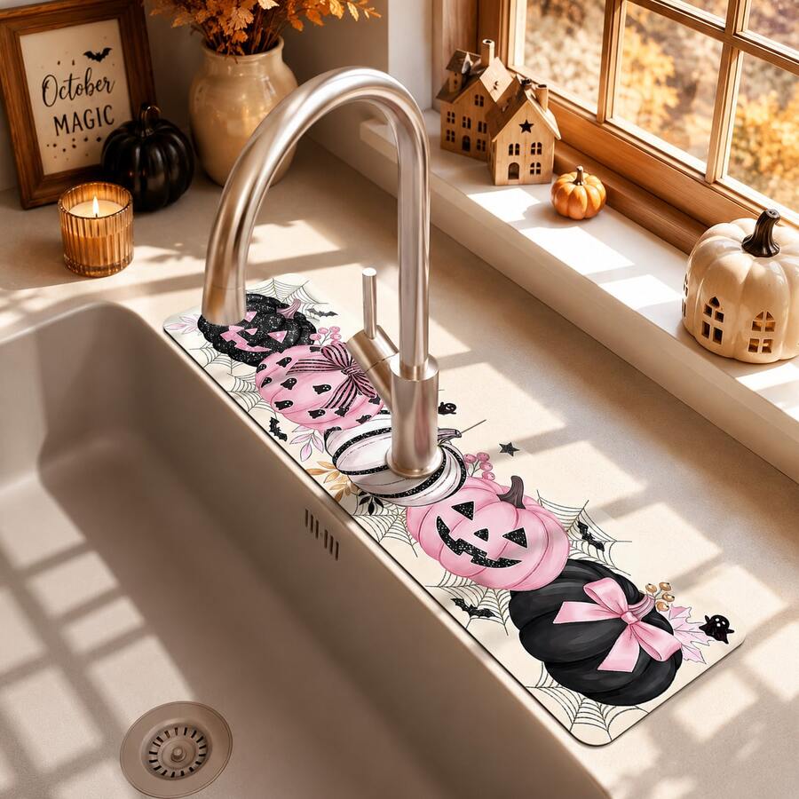 1pc Halloween Pumpkin Faucet Cover, Create Holiday Atmosphere, Bathroom Faucet Splash Guard, Waterproof Non-Slip Faucet Pad, Kitchen Countertop Accessory, Kitchen Dining Table Accessory, Sink, Moisture-Proof Absorbent Pad, Absorbent Drainage Pad, Multi-Functional Absorbent Non-Slip Pad - Multicolor - View 1