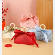 10pcs Luxury Floral Handheld Wedding Candy Boxes, Plastic Ring + Satin Bow Pearl Decoration, Morandi Multicolor Paper Gift Bags, Suitable For Wedding Party, Bridal Shower, Guest Souvenirs, Jewelry, Candle Gift Packaging - A - View 3