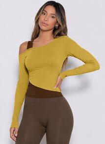 Never me Women's Sports T-Shirt Asymmetrical Shoulder 2 In 1 Patchwork Long Sleeve Asymmetrical Hem Cropped Top Suitable For Yoga Pilates Jogging Commuting - Olive Green - View 6