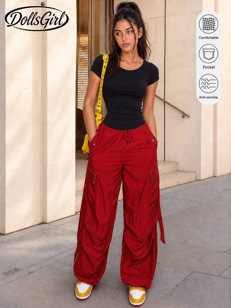 Y2K Women's Casual Red Parachute Pants Cargo Pockets Loose Wide Leg Street Style Practical Trousers Campus Outfit Back To School Daily Wear - Red - View 1