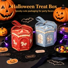 4pcsCarousel Pattern Hexagonal Gift Box, Portable PU Handle Candy Treat Box, Reusable Paper Gift Packaging Box For Xmas Halloween Party Favor - A - View 3