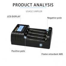 1pc PD 20W LCD Universal Fast Battery Charger, With Professional Discharge & Capacity‑Testing Function, Real‑Time Capacity Display. Compatible With 3.7V 18650 Li‑Ion Batteries & 1.2V Ni‑MH/Ni‑CD AA/AAA Rechargeable Batteries - Black - View 9