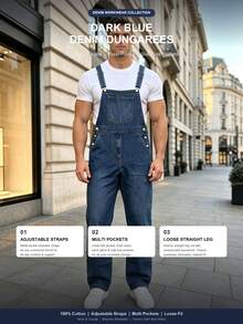 Men's Dark Blue Denim Dungarees Adjustable Straps Work Overalls - Navy Blue - View 5