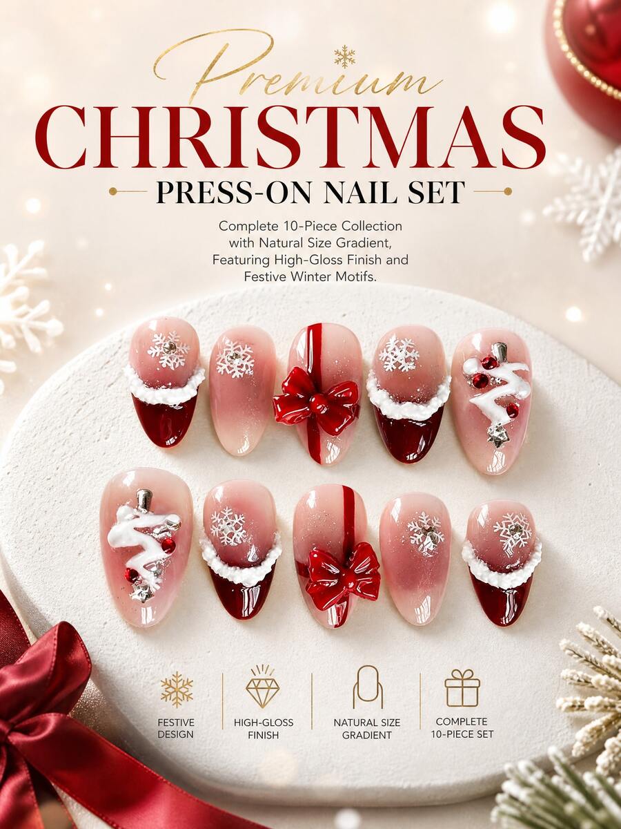 NAIO 10片杏仁形穿戴式假指甲 高端聖誕款 雪花印花 毛絨邊法式尖頭 3D紅色蝴蝶結與聖誕老人雪橇裝飾 光澤全覆蓋壓貼式美甲 適合聖誕節假日派對佩戴 - 彩色 - 查看 1
