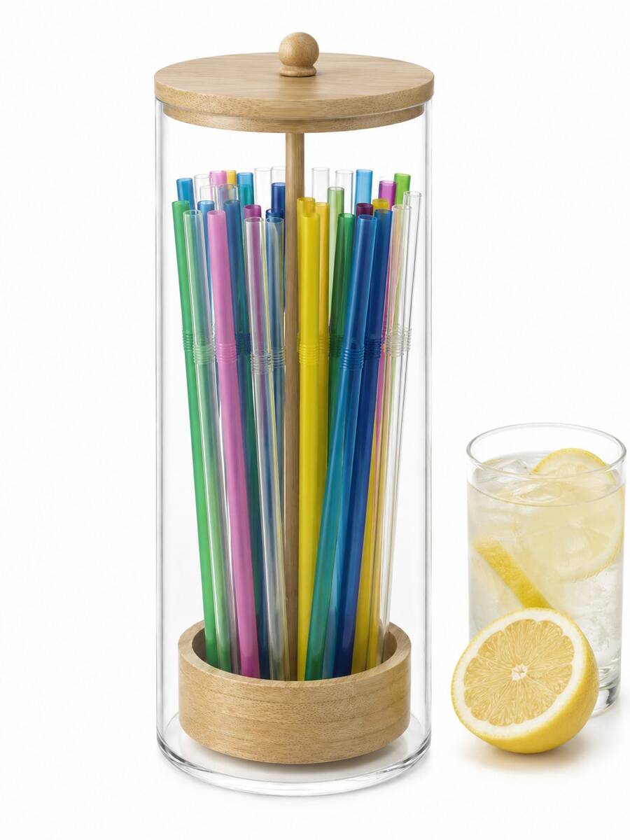 1 Tempat Sedotan Akrilik dengan Tutup Bambu, 15cm/6in, 25cm/9.84in Organizer Sedotan Plastik Transparan untuk Meja Dapur, Kantor, Penyimpanan Lemari, Dapat Menampung Pensil, Peralatan Makan (Sedotan Tidak Termasuk) - transparan - View 1