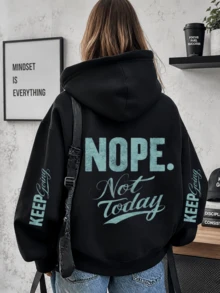 Letter Print Pattern Sweatshirt, Plus Size Women's Casual Autumn/Winter Long Sleeve Pocket Hooded Sweatshirt Black - Black - View 2