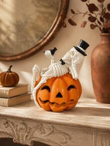 1 tượng trang trí Halloween hình bộ xương bí ngô, tượng xương hài hước rùng rợn kèm đèn lồng Jack O' Lantern, phong cách đội mũ cao, quạ và tư thế ngả lưng, trang trí Gothic để bàn, kệ, lò sưởi, decor nhà mùa thu - Mẫu mới - Xem 5