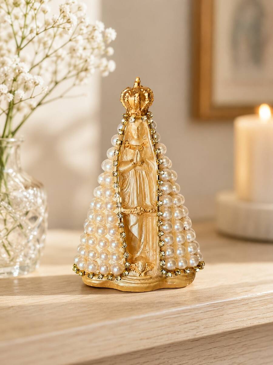 Imagem Nossa Senhora Aparecida com Pérolas e Strass em Gesso Pintada à Mão Decoração Religiosa - 1PC - Visão 1