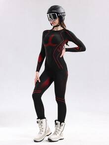 Women's Autumn/Winter Colorblock Elastic Warm Long Sleeve Ski Top And Pants Set - Black - View 4