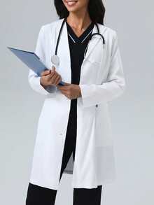 White Fashionable Lapel Large Pocket Lab Coat, Autumn - White - View 3