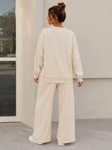 Women's Crew Neck Sweatshirt And Drawstring Straight Leg Pants 2 Pieces Set, Gradient Print Design Women's 2 Pieces Set, Women's Autumn/Winter Sweatshirt Set - Apricot - View 3