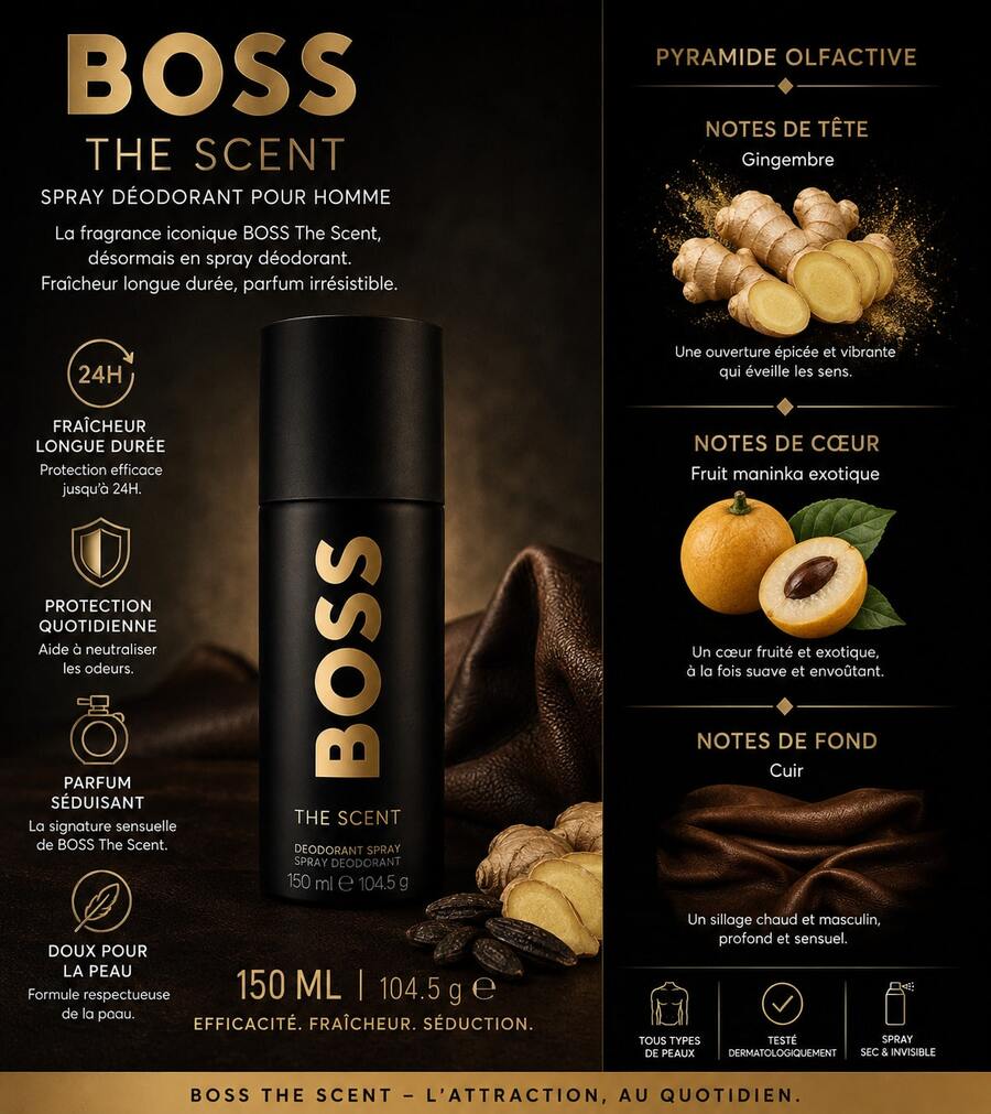 Hugo Boss BOSS‑THE SCENT بخاخ مزيل عرق للرجال 150 مل – عطر جذاب مع الزنجبيل وفاكهة المانينكا والجلد، انتعاش طويل الأمد للإبطين - فاكهي، جلدي، خشبي - مشاهدة 1