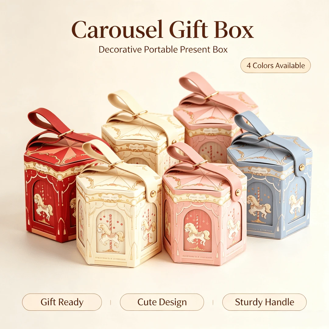 4pcsCarousel Pattern Hexagonal Gift Box, Portable PU Handle Candy Treat Box, Reusable Paper Gift Packaging Box For Xmas Halloween Party Favor - A - View 1