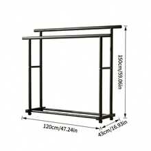 1pc Two-Tier Wheeled Iron Drying Rack, Freestanding Clothes Hanger For Household Use, Movable Balcony Garment Storage Rack - Black - View 13