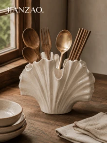 1pc Wabi-Sabi Style Ginkgo Leaf Tableware Storage Rack, Black Spotted White Multi-Compartment Utensil Holder, Large Capacity Chopsticks Spoon Fork Storage Bucket, Rustic Farmhouse Kitchen Countertop Homestay Decor Gift - Seashell Cutlery Organizer - View 7