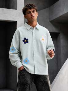 Krometka Men's Striped Floral Pattern Loose Lapel Long Sleeve Shirt, Street Style Oversize Casual Blouse - Green - View 1