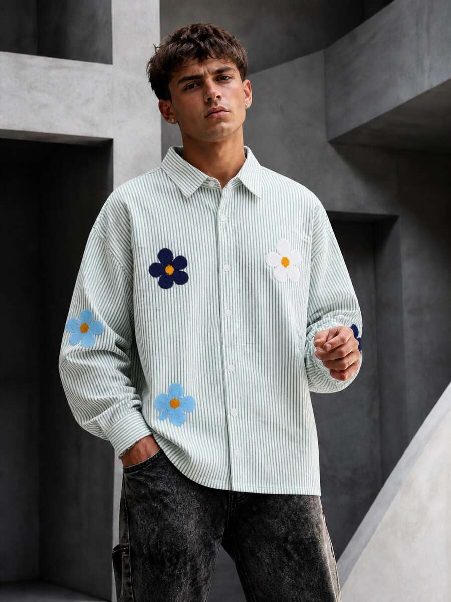 Krometka Men's Striped Floral Pattern Loose Lapel Long Sleeve Shirt, Street Style Oversize Casual Blouse - Green - View 1