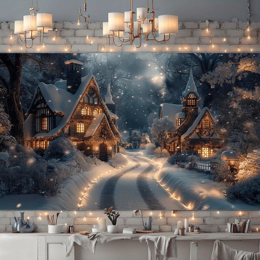 Christmas Town Snow Scene Tapestry, Winter Wonderland Landscape Background, New Year Wall Decor Hanging Painting - Christmas Town - View 1