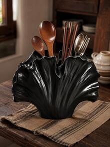 1pc Wabi-Sabi Style Ginkgo Leaf Tableware Storage Rack, Black Spotted White Multi-Compartment Utensil Holder, Large Capacity Chopsticks Spoon Fork Storage Bucket, Rustic Farmhouse Kitchen Countertop Homestay Decor Gift - Seashell Cutlery Organizer - View 13