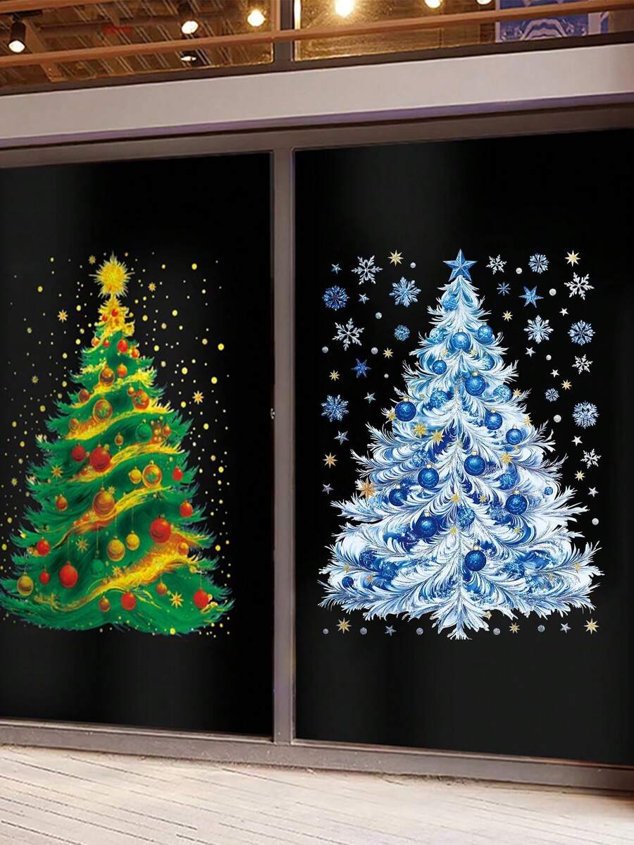 Christmas Tree Window Sticker, Christmas Window Decal, Snowflake Window Cling, Sticker Set, Wall Paper, Wall Decor, Static Cling Glass Sticker, Non-Adhesive, Reusable, Christmas Tree, Little Stars, Christmas - One Size Fits All - View 1