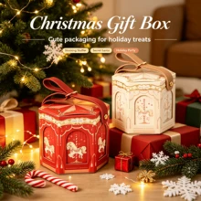 4pcsCarousel Pattern Hexagonal Gift Box, Portable PU Handle Candy Treat Box, Reusable Paper Gift Packaging Box For Xmas Halloween Party Favor - A - View 2