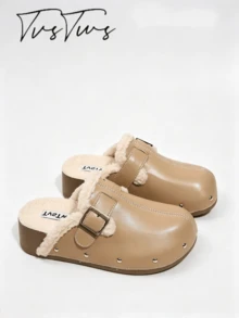 Women's Vintage Metal Buckle Rivet Plush Lining Thick Sole Wedge Heel Shoes, Round Toe Closed Toe Half-Slip-On, Personalized Fashion Warm Outdoor Thermal Slippers - Khaki - View 4