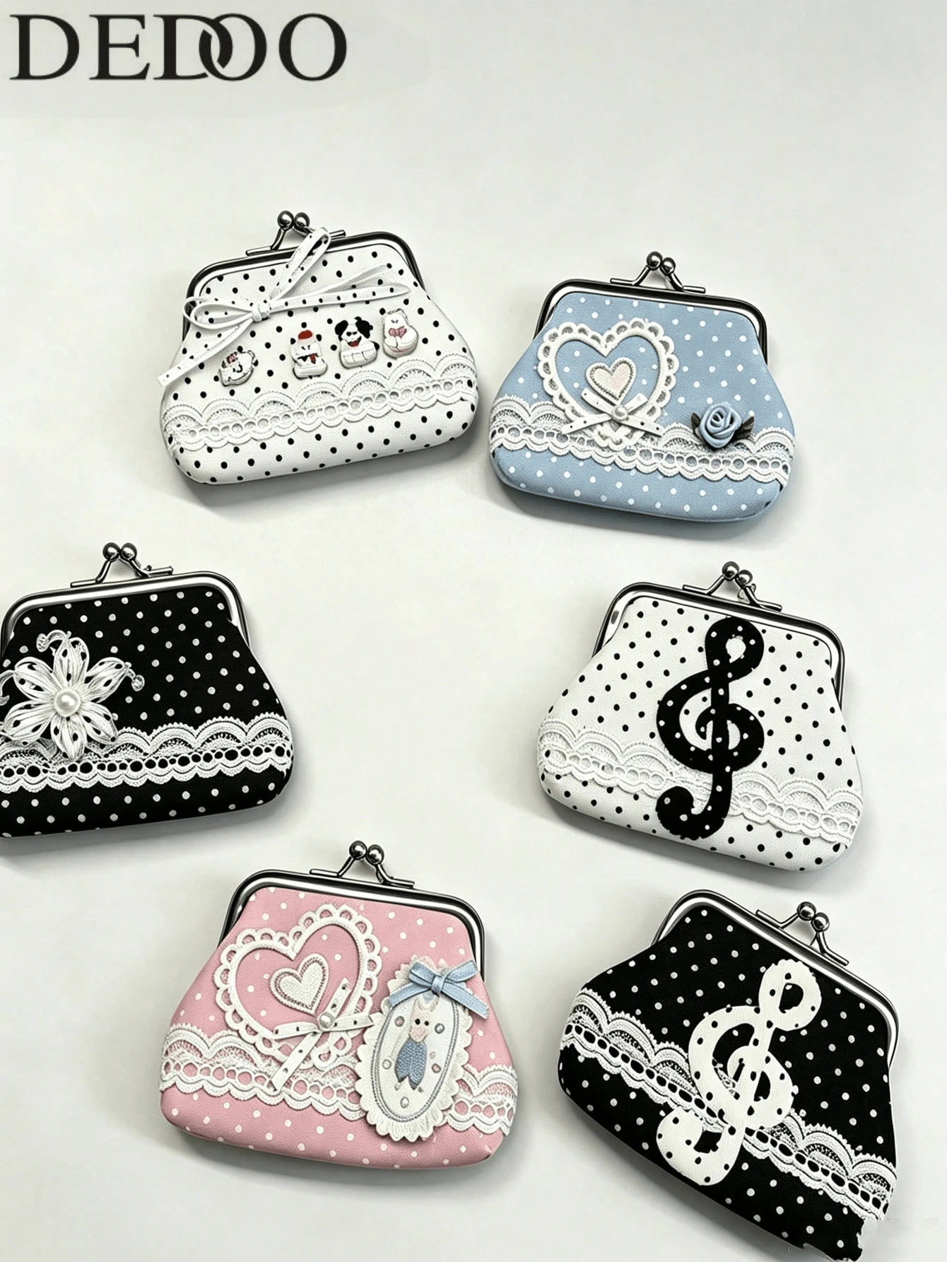Dedoo Handmade Lace Coin Purse, Vintage Polka Dot Music Note Bluetooth Earphone Bag, Lipstick Storage Pouch, Keychain Pendant - Multicolor - View 1