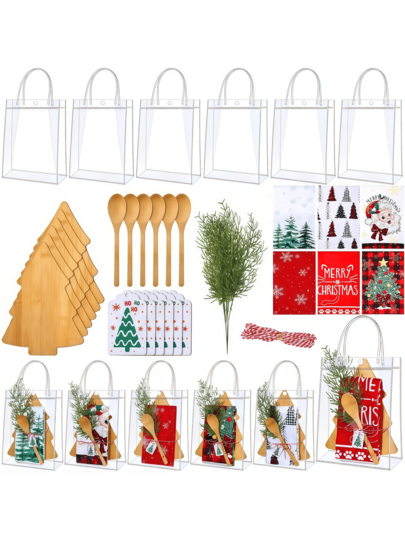 6 Sets  Christmas Kitchen Gift Set Christmas Tree Bamboo Serving Board Xmas Supplies With Wood Spoon Kitchen Towel Card Holiday Gift Bags For Xmas Holiday Party Decor