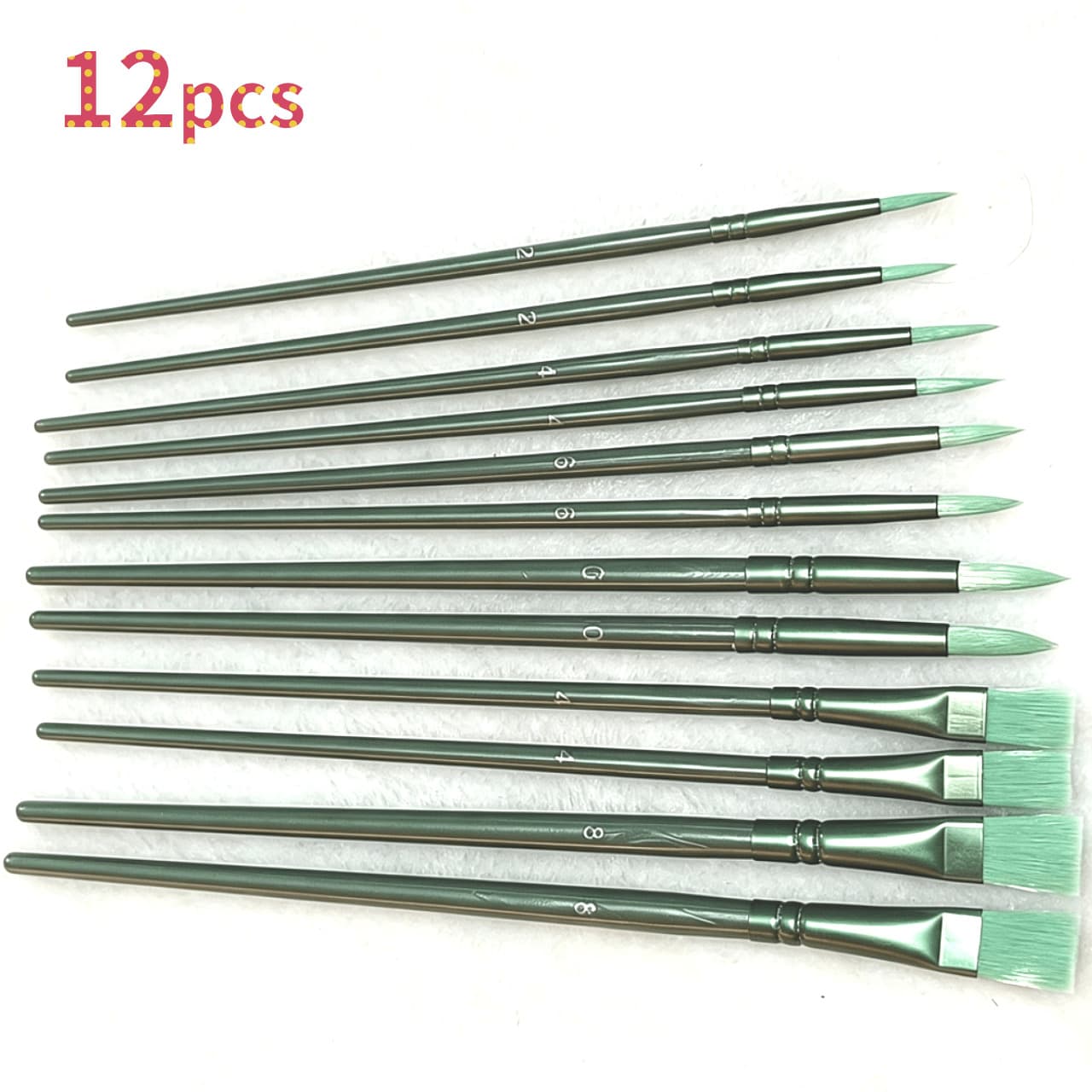 12Pcs Green Nylon Bristle Art Paint Brushes, Professional For: Outlining, Detailing, Contouring, Blending, Color Blocking, Etc., Suitable For Acrylic/Watercolor - Sets - View 1