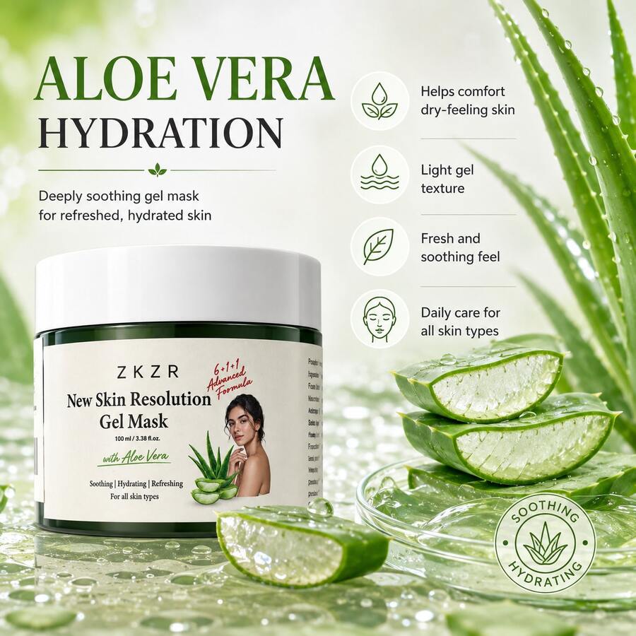 Zkzr New Skin Resolution Gel Mask 102ml, Lightweight Cooling Facial Gel Mask, Non-Sticky Fast-Absorbing Texture, Soothes Stressed Skin, Deep Hydration & Radiance, Suitable For All Skin Types Weekly Home SPA Skincare Mask, Unisex - Aloe Vera - View 1
