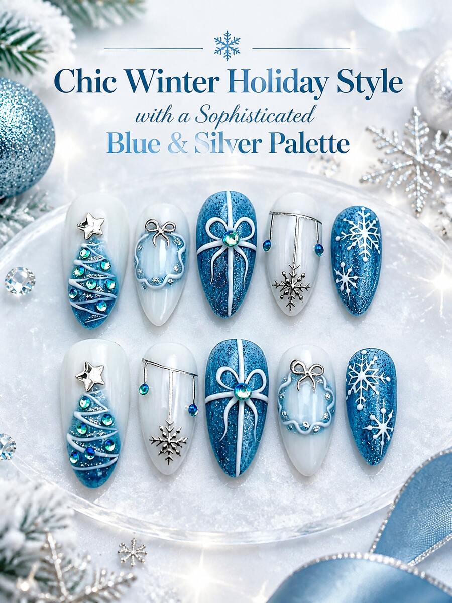 NAIO 10pcs Almond Shaped Press-On Nails, Fashionable Winter Holiday Fake Nails, Ice Blue & Ivory Color Palette, 3D Christmas Tree Snowflake Bow Decoration, Silver Frame With Blue Rhinestone Accents, Glossy Full Coverage Artificial Nails, Suitable For Christmas Party Wear - Multicolor - View 1